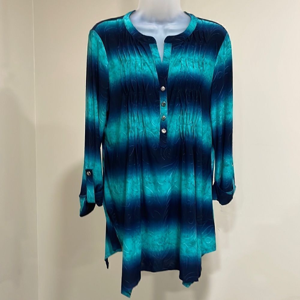 NWOT New Directions Blue Teal Striped Blouse.  Size L large 12/14